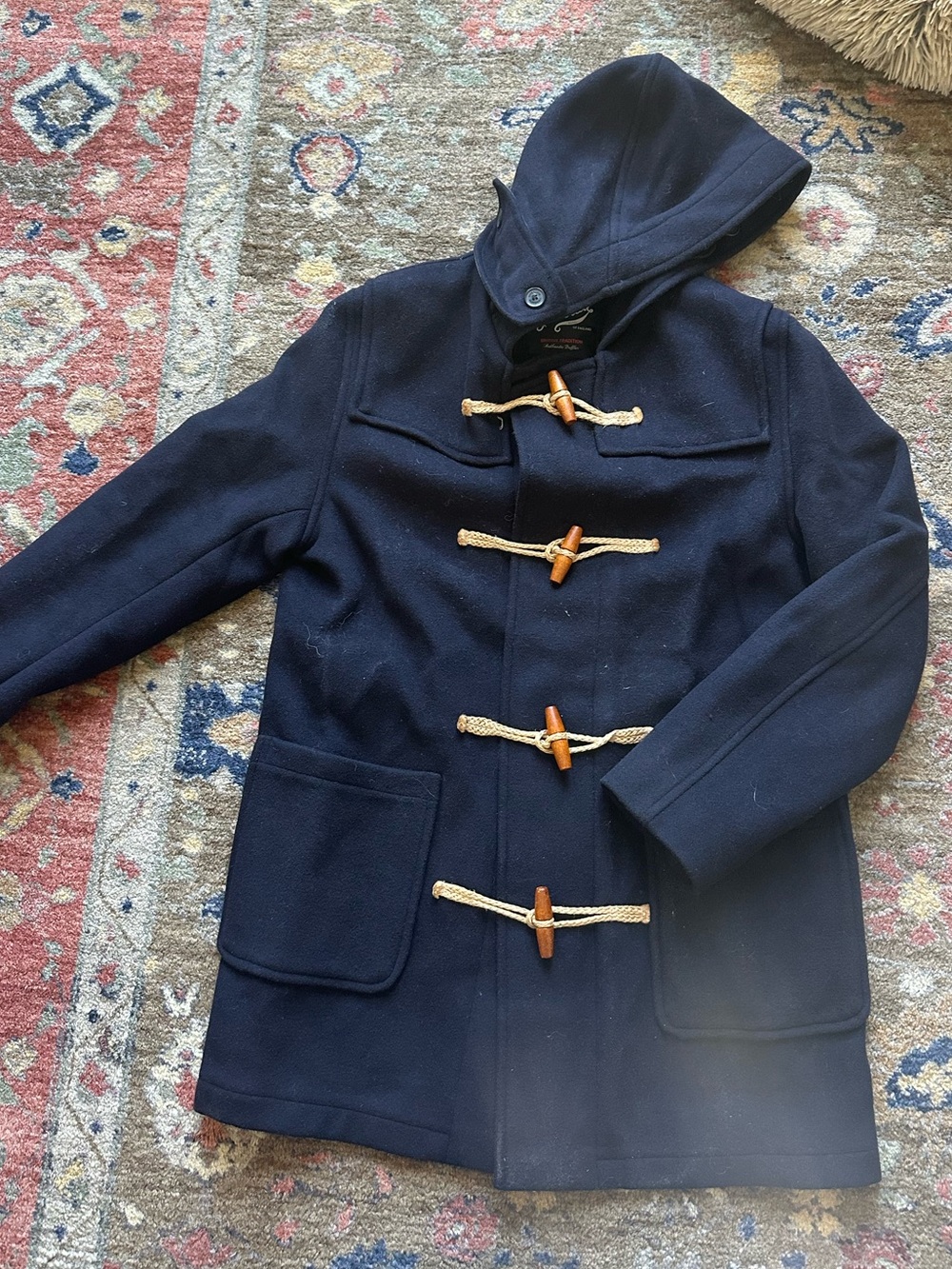 Men's Navy Hooded Duffle Pea Coat with Toggle Closures